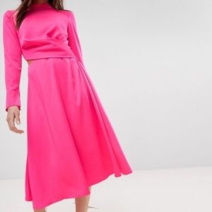 ASOS cut out midi dress long sleeve in hot pink